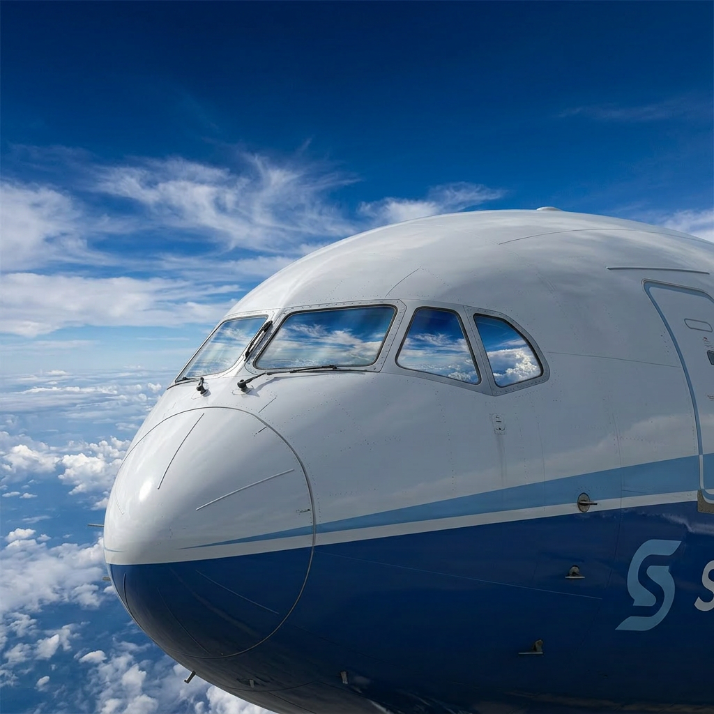 Front nose section of a commercial airplane with cockpit windows