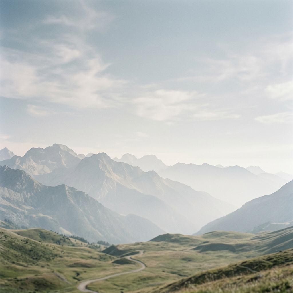 Winding road through grassy hills with layered mountain ridges fading into mist
